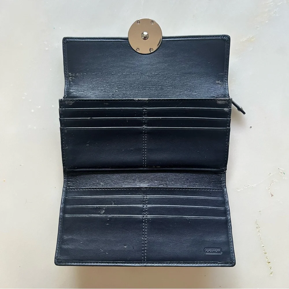 Vintage Y2K Coach Alexandra Leather Slim Envelope Wallet Silver Logo Navy Blue